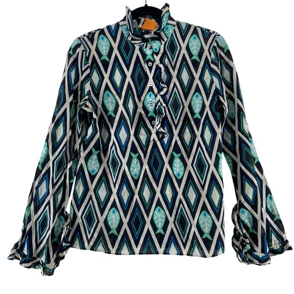 Tory Burch Womens Fish Blue Print Blouse Top Size 8 Cotton - Picture 1 of 7